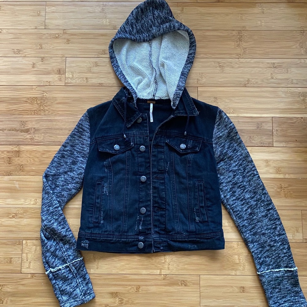 Free People Black Denim Sweatshirt Jacket XS